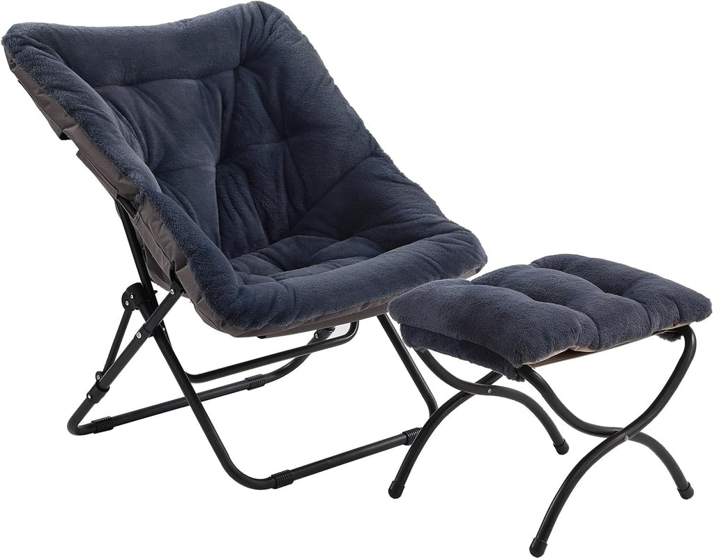Tiita Folded Chair with Ottoman, Soft Faux Fur Oversized Folding Accent Chair,Lazy Chair, Metal Frame Moon Chair for Bedroom, Living Room, Dorm Rooms, Garden and Courtyard