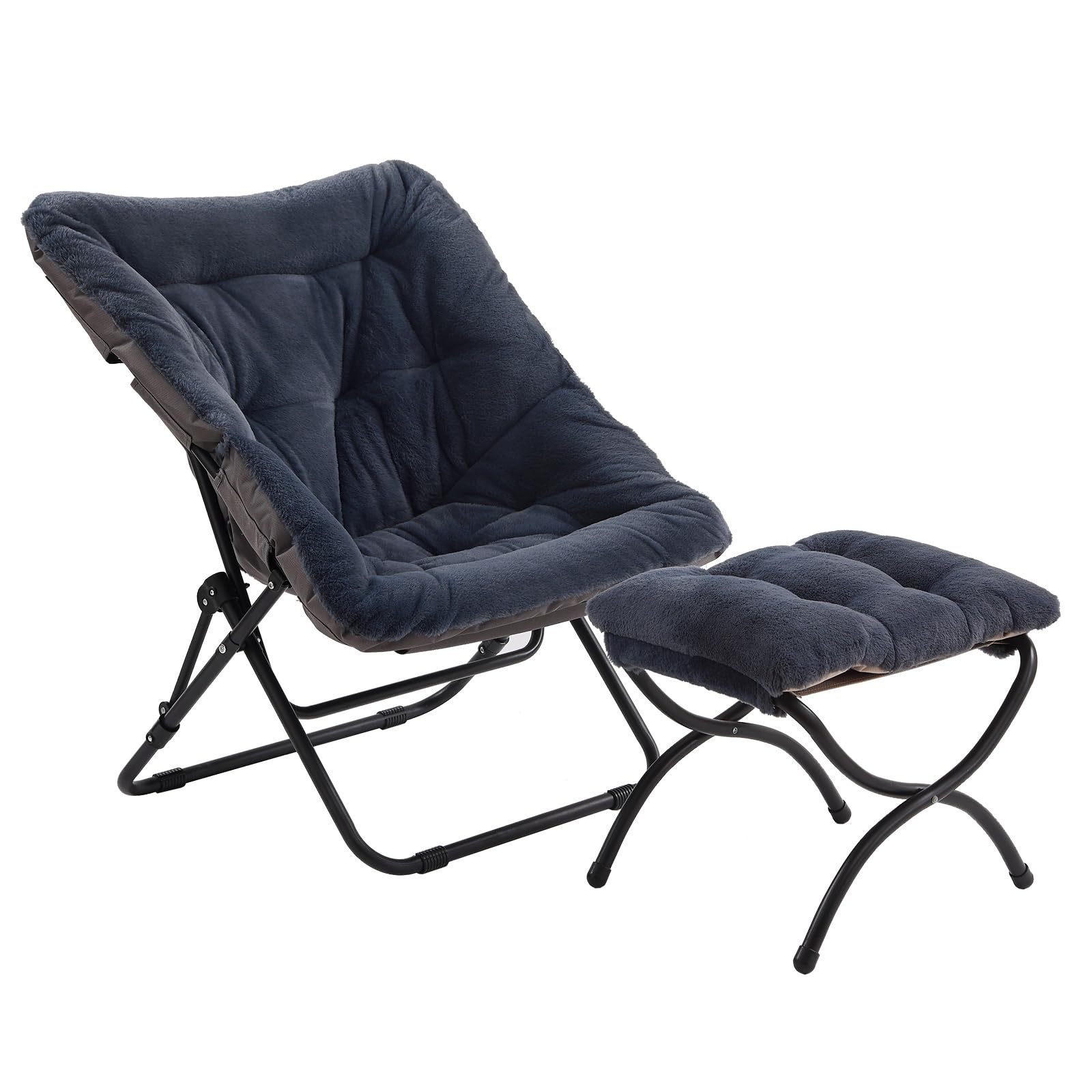 Tiita Folded Chair with Ottoman, Soft Faux Fur Oversized Folding Accent Chair,Lazy Chair, Metal Frame Moon Chair for Bedroom, Living Room, Dorm Rooms, Garden and Courtyard