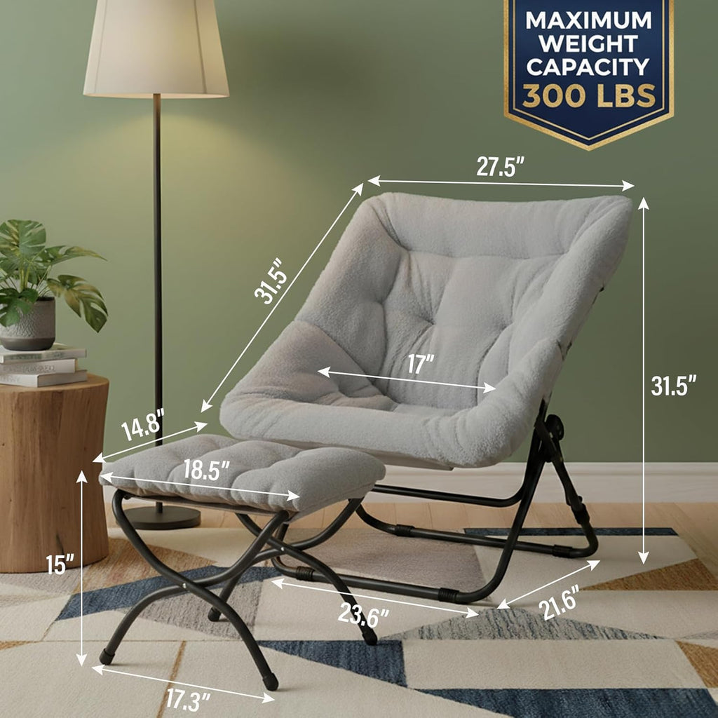 Tiita Folded Chair with Ottoman, Soft Faux Fur Oversized Folding Accent Chair,Lazy Chair, Metal Frame Moon Chair for Bedroom, Living Room, Dorm Rooms, Garden and Courtyard