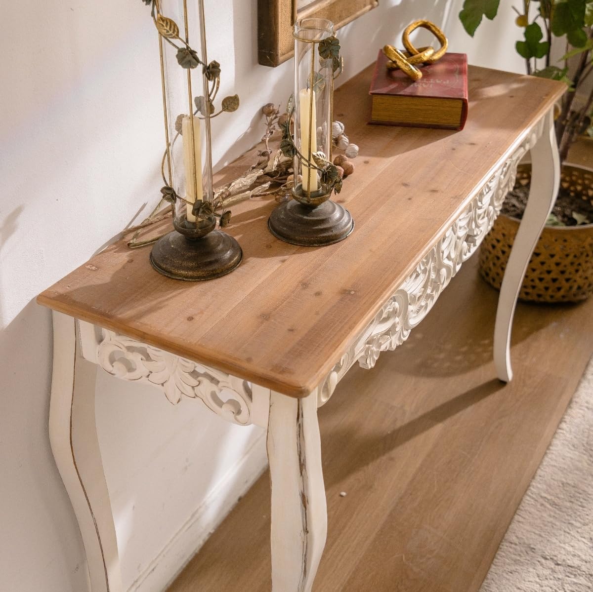 43.31” Vintage Antique Console Table, Weathered Wash Vintage French Country Entry Table with Wood Carvings for Hallway, Living Room, Victorian Style, Natural Wood