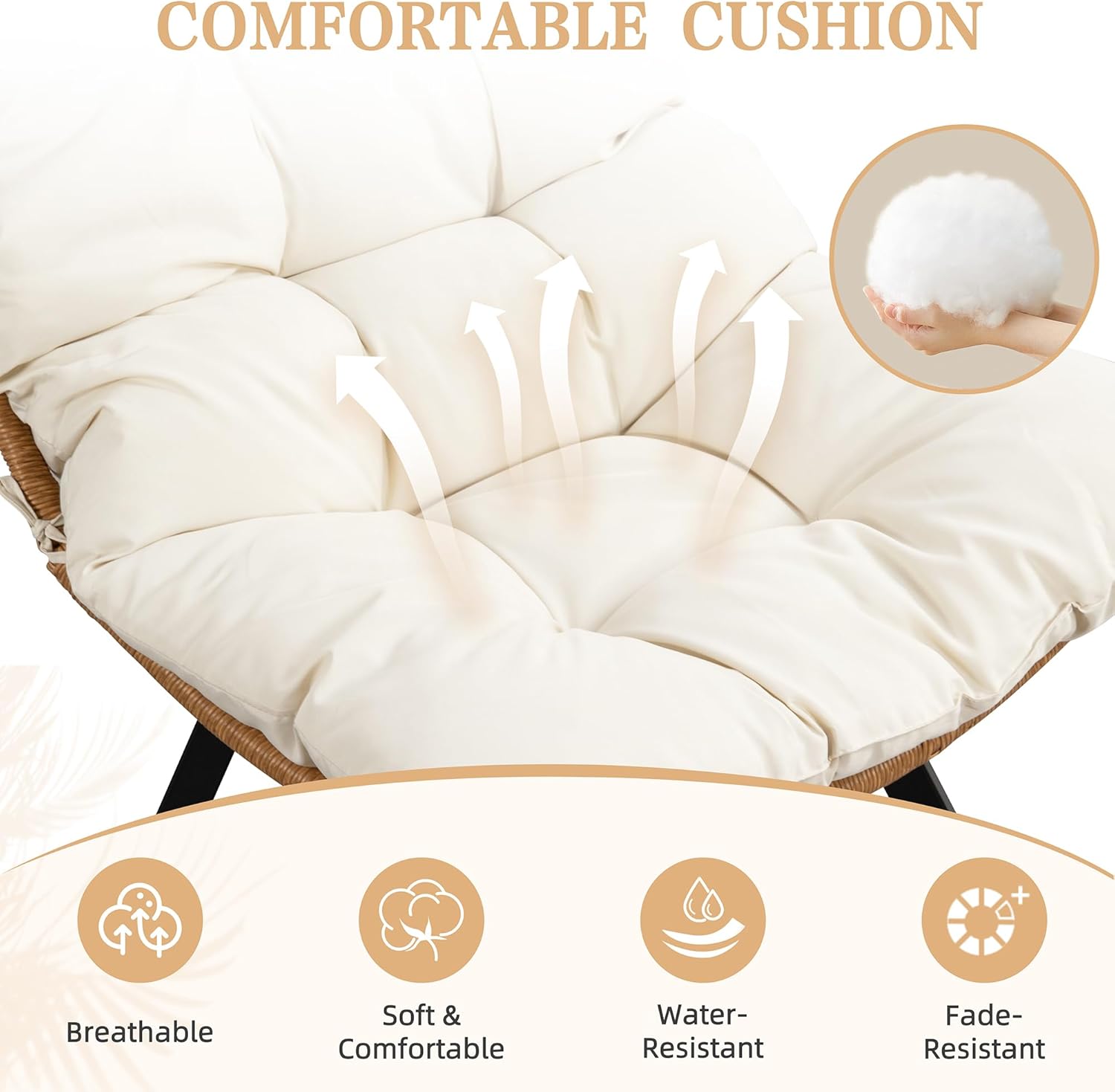 Vongrasig Swivel Wicker Chair PE Rattan Chair with Cushion, Oversized Patio Lounge Chair for Outdoor, Indoor, Balcony, Backyard, Garden, Living Room, Beige