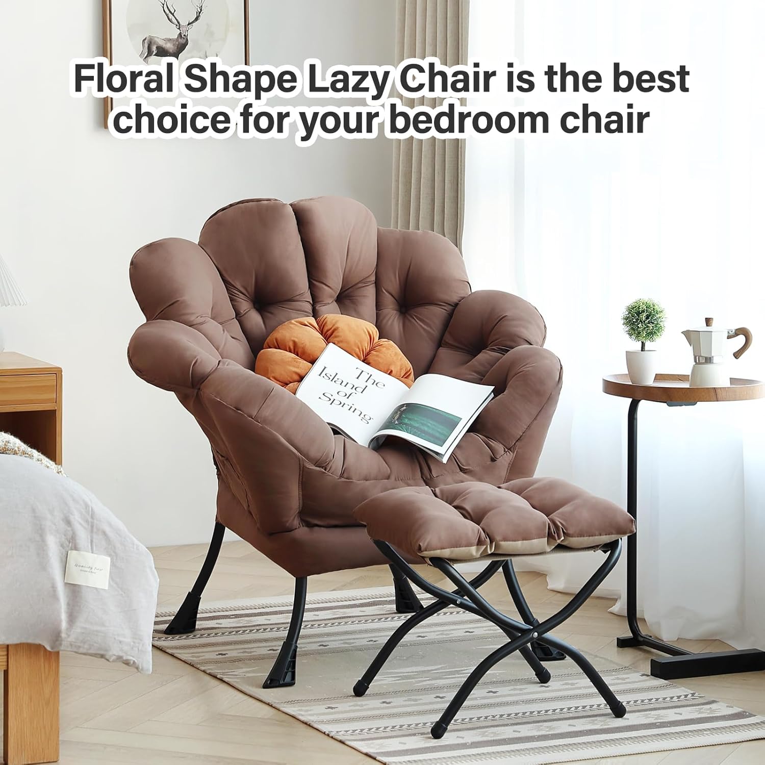 Furlide Floral Lazy Chair with Folding Ottoman, Dark Brown Oversized Accent Chair for Indoor & Outdoor