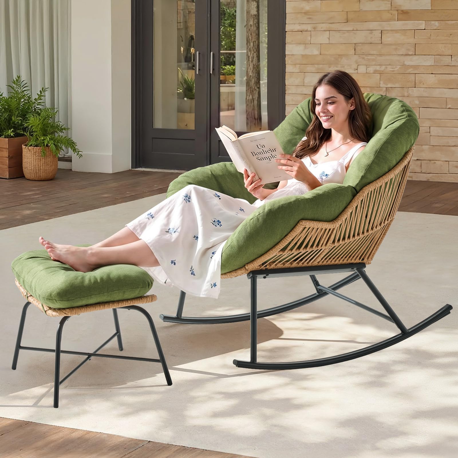 ONBRILL Papasan Rocking Chair with Ottoman,Oversized Papasan Chair with Padded Cushion, Indoor & Outdoor Rocker Chair for Living Room, Patio, Garden, Beige