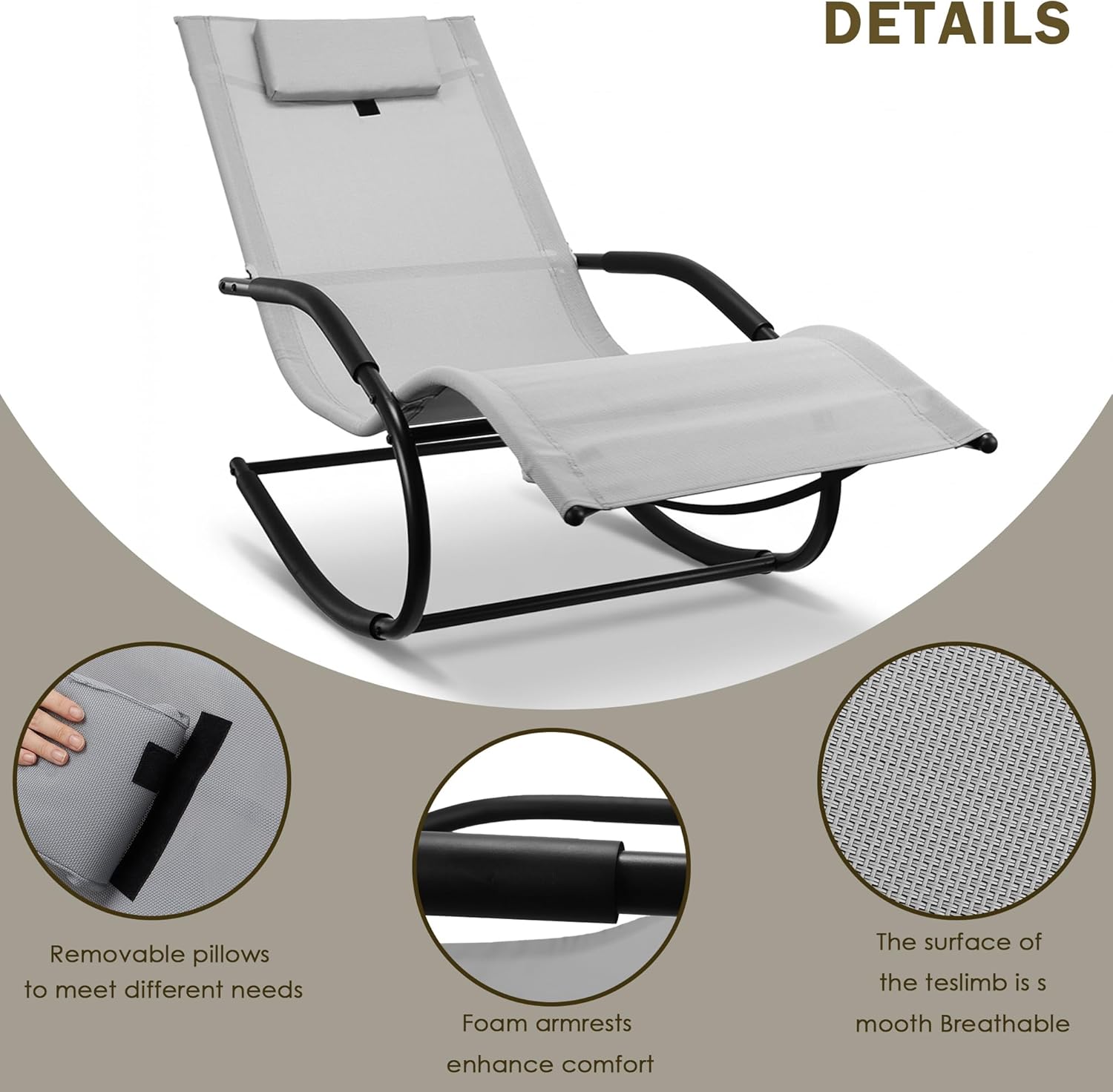 Zero Gravity Rocking Chair Lightweight Lounge Chair Recliner with Detachable Pillow Outdoor Chaise Lounge Chair for Patio, Lawn, Pool, Home Furniture, Grey