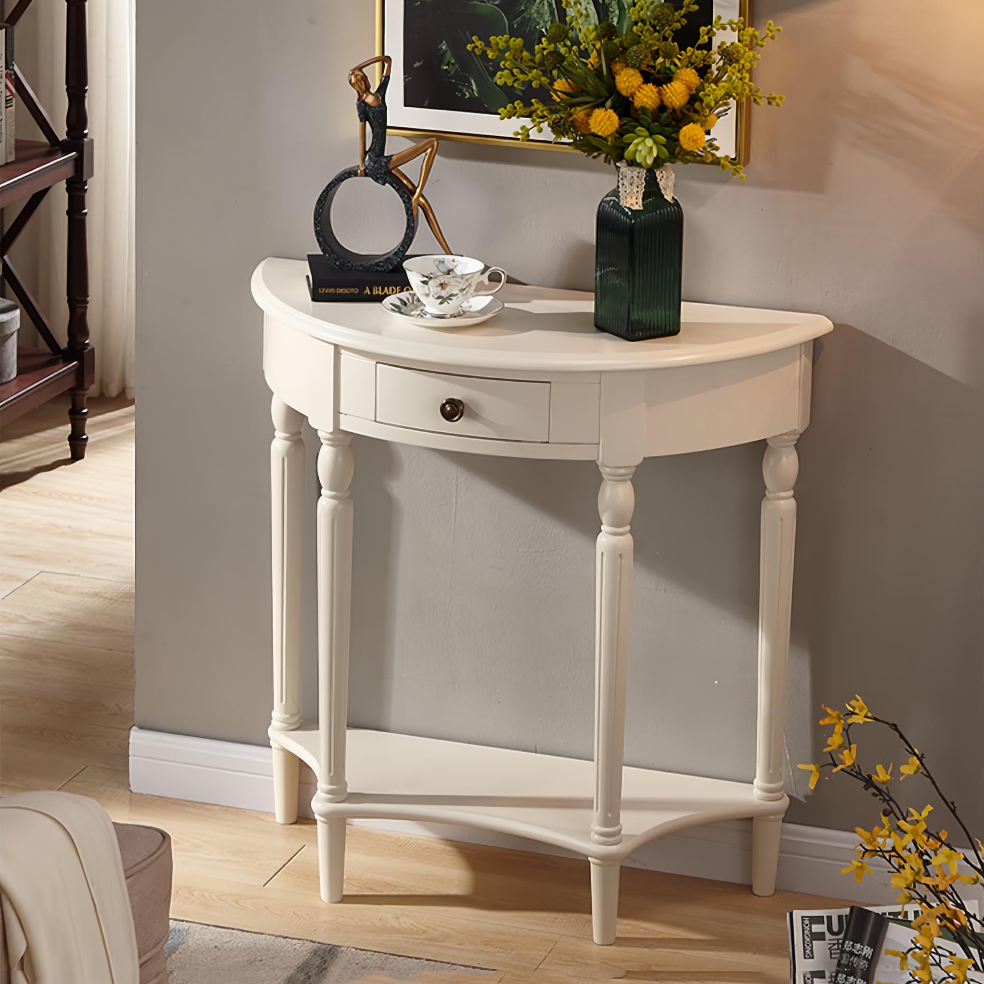 Solid Wood Console Table with Drawer, Semi-Circle Entryway Storage Shelf, Half-Moon Porch Table Side Elegant Vintage Sofa for Living Room (23.6" L x 11.8" W x 31.5" H)