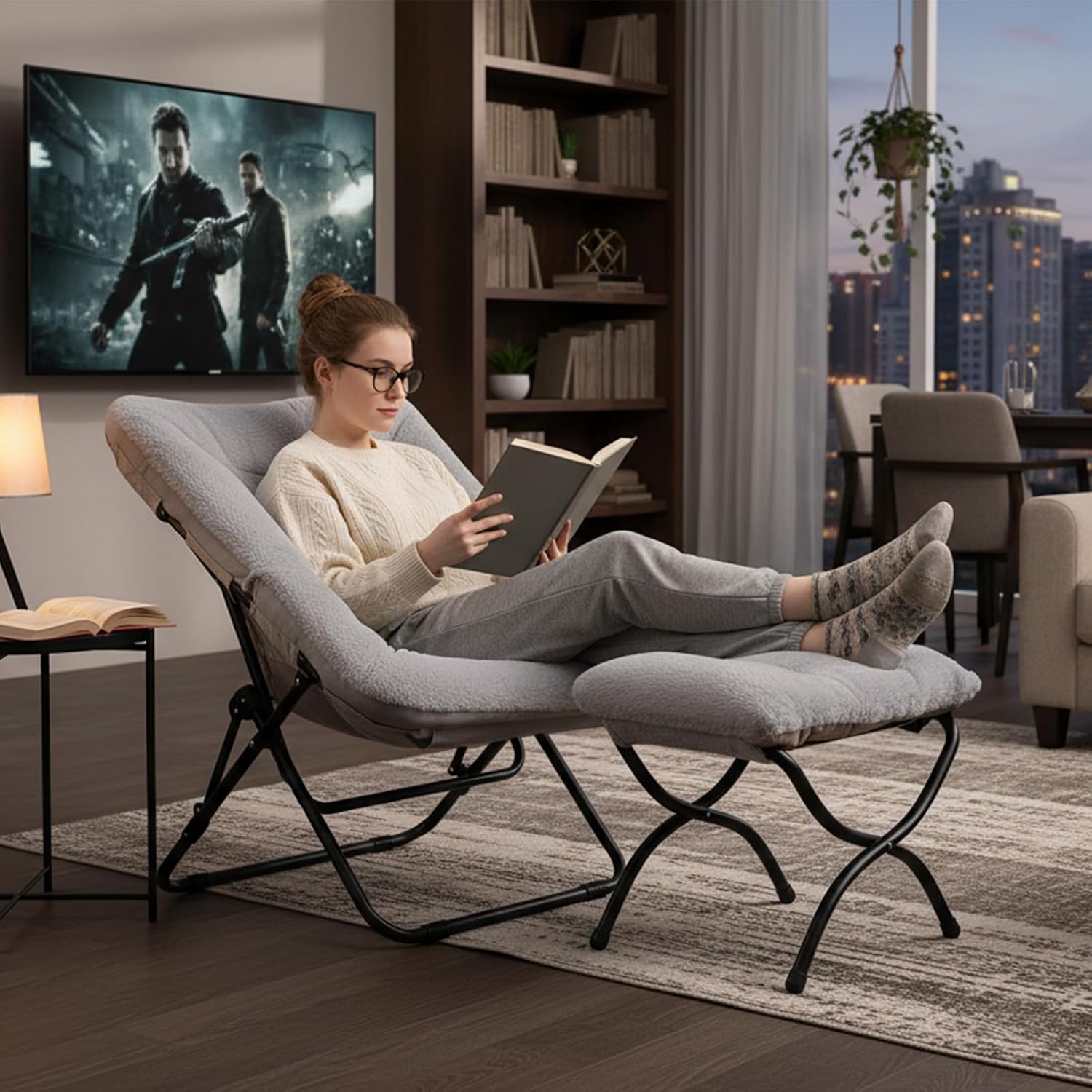 Tiita Folded Chair with Ottoman, Soft Faux Fur Oversized Folding Accent Chair,Lazy Chair, Metal Frame Moon Chair for Bedroom, Living Room, Dorm Rooms, Garden and Courtyard