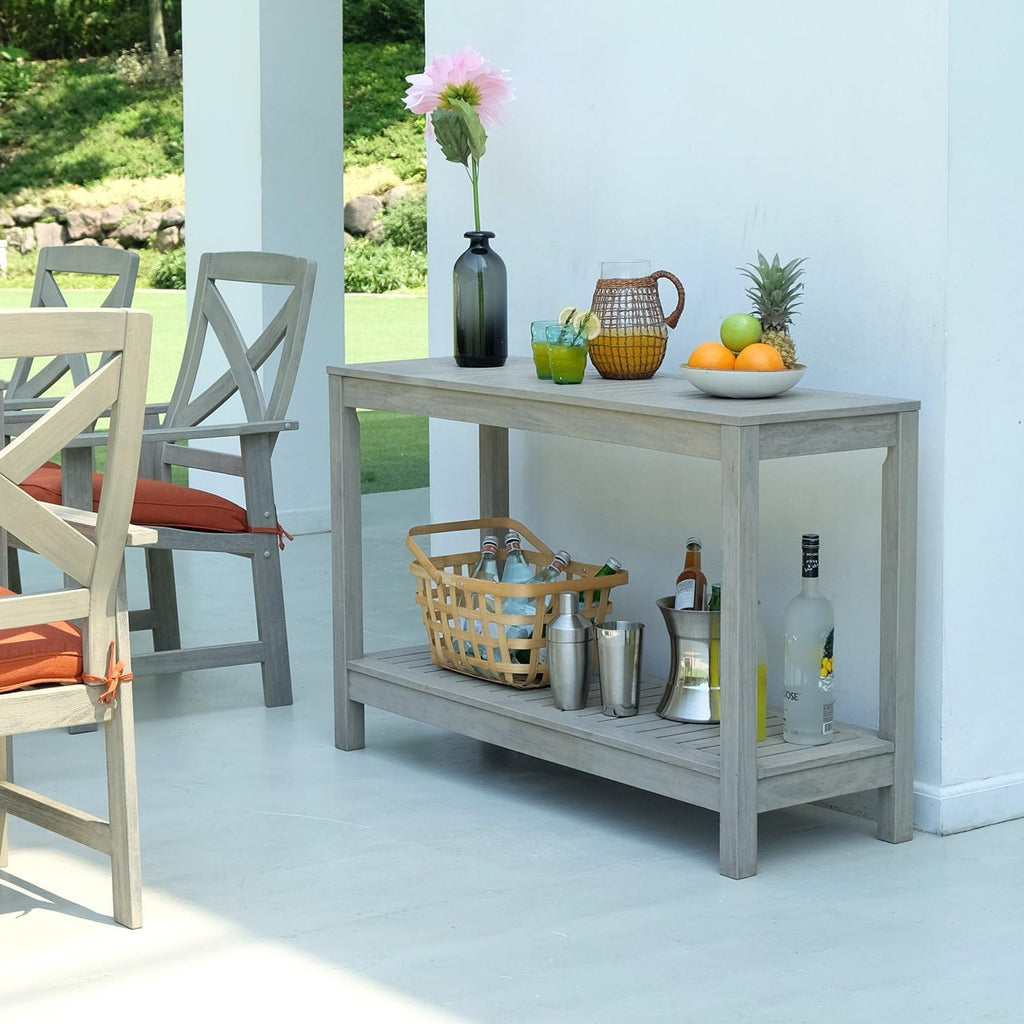 Solid Mahogany Outdoor Console Table – Weathered Gray Finish – Narrow Rustic Patio Accent Table for Porch, Deck, or Garden