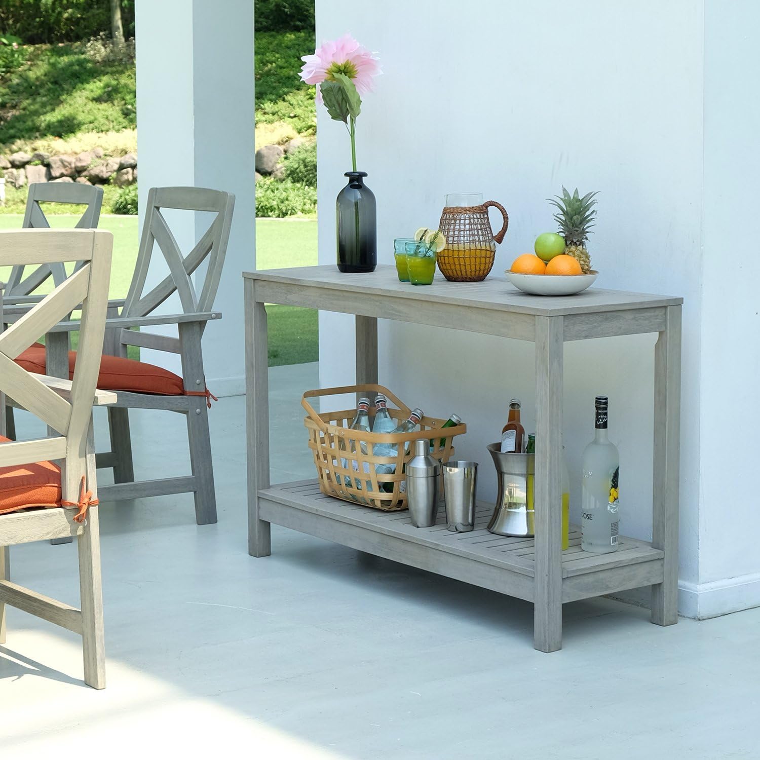 Solid Mahogany Outdoor Console Table – Weathered Gray Finish – Narrow Rustic Patio Accent Table for Porch, Deck, or Garden