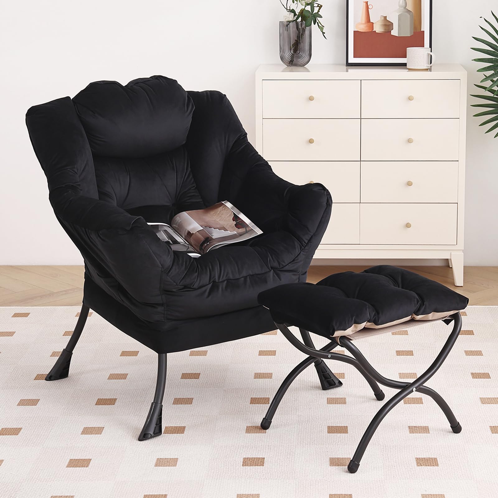 Furlide Lazy Chair with Ottoman, Modern Accent Chair with Armrests and a Side Pocket, Orange Accent Chairs, Reading Chairs, Oversized Armchairs for Bedroom, Study, Living Room, Courtyard