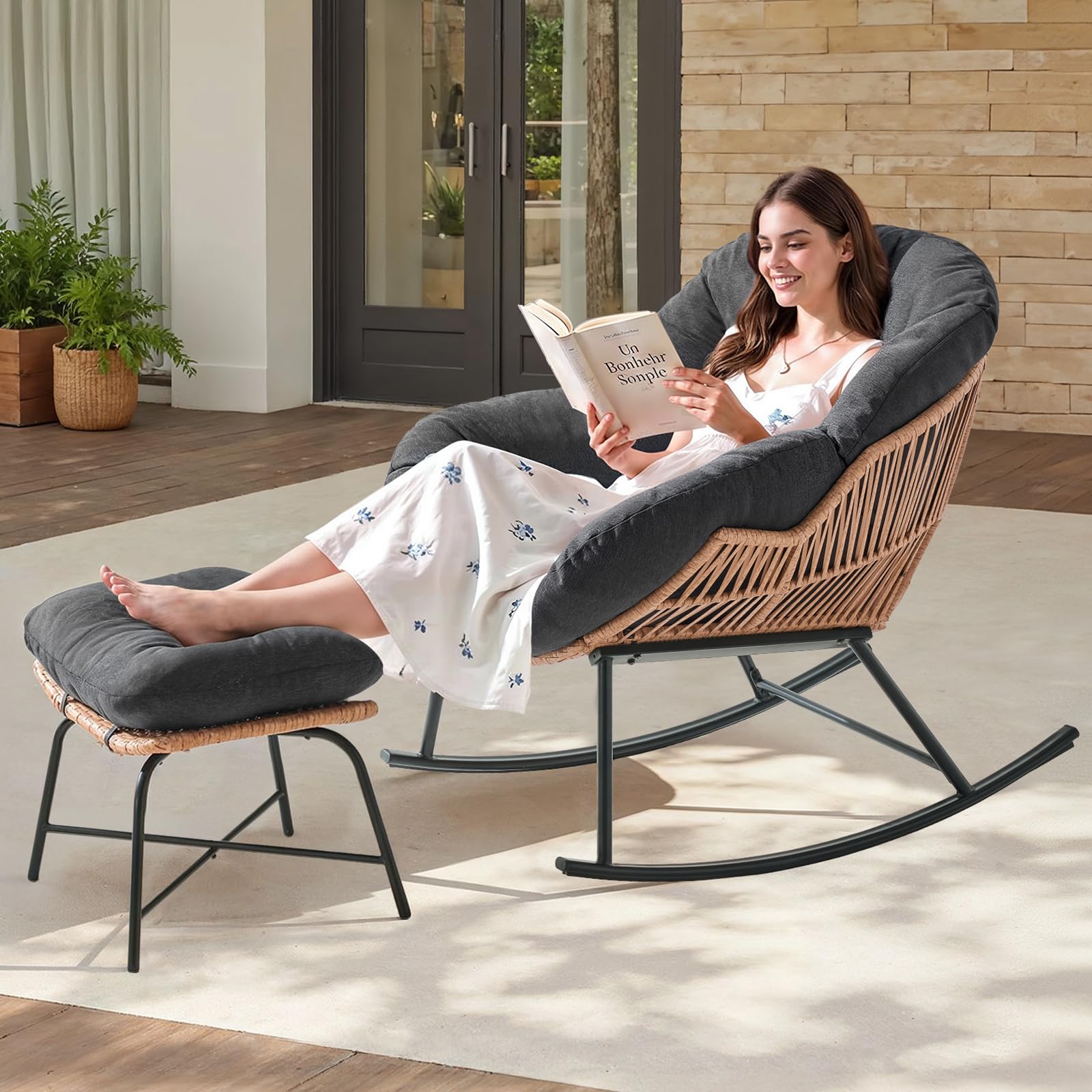 ONBRILL Papasan Rocking Chair with Ottoman,Oversized Papasan Chair with Padded Cushion, Indoor & Outdoor Rocker Chair for Living Room, Patio, Garden, Beige