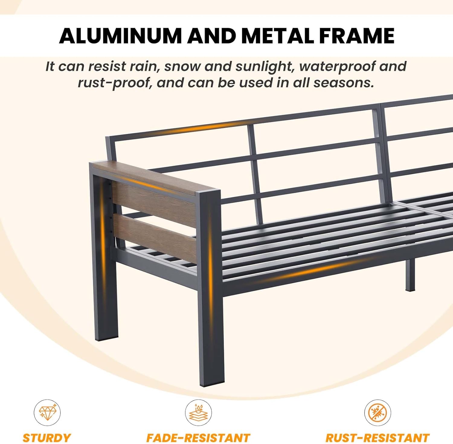 DoCred Aluminum Patio Furniture Set, 3-Seat Metal Sofa for Patio Conversation Set, Outdoor Sofa Set for Porch, Balcony, Deck, Yard, Poolside
