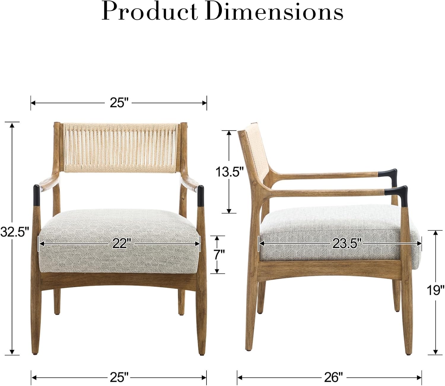Ya-Home Mid-Century Modern Accent Chair with Woven Rope Back, Upholstered Linen Fabric Armchair with Solid Wood Frame for Living Room Bedroom, 1PC, Patterned