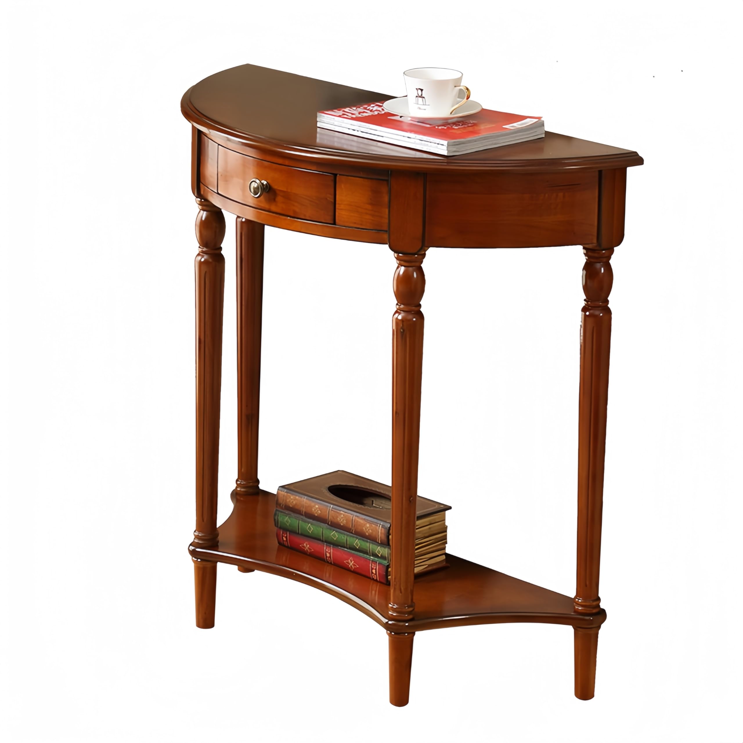 Solid Wood Console Table with Drawer, Semi-Circle Entryway Storage Shelf, Half-Moon Porch Table Side Elegant Vintage Sofa for Living Room (23.6" L x 11.8" W x 31.5" H)