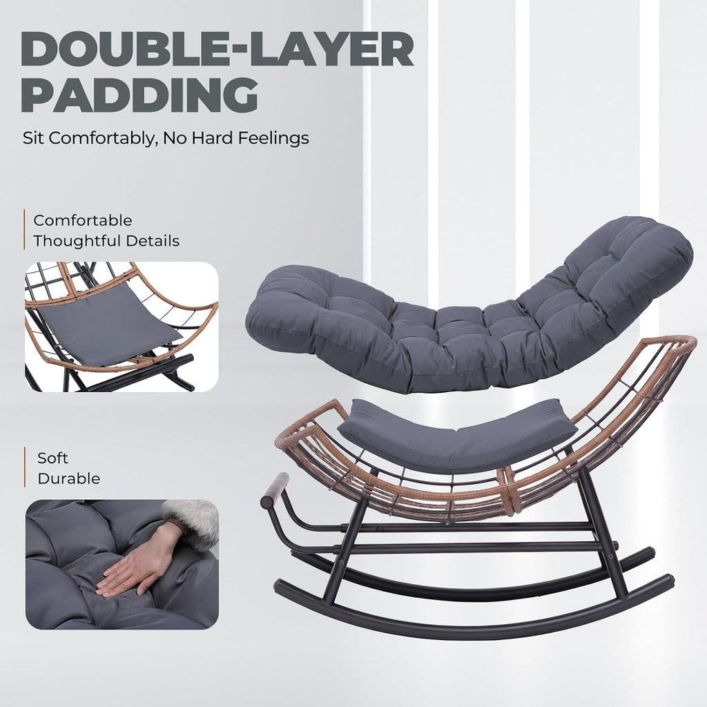 COMHOMA Outdoor Rocking Papasan Chair, Oversized Wicker Patio Rocker, Indoor Comfy Wicker Reading Lounge, Bed-Like Comfort Egg Chair for Bedroom,Balcony, Porch, Garden, Grey