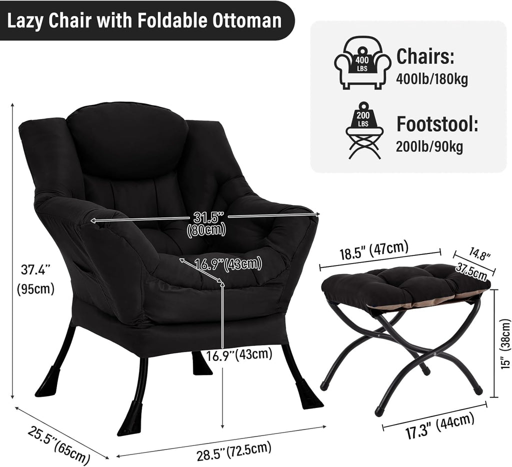 Furlide Lazy Chair with Ottoman, Modern Accent Chair with Armrests and a Side Pocket, Black Accent Chairs, Reading Chairs, Oversized Armchairs for Bedroom, Study, Living Room, Courtyard