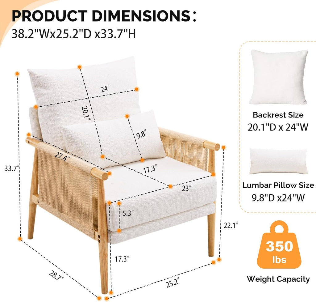 VINGLI Boho Braid Accent Armchair,Mid-Century Modern Chiar with Solid Wooden Armrest,Comfy Louge Cushion Chair with Waist Pillow for Bedroom,Living Room,Reading Room, Beige