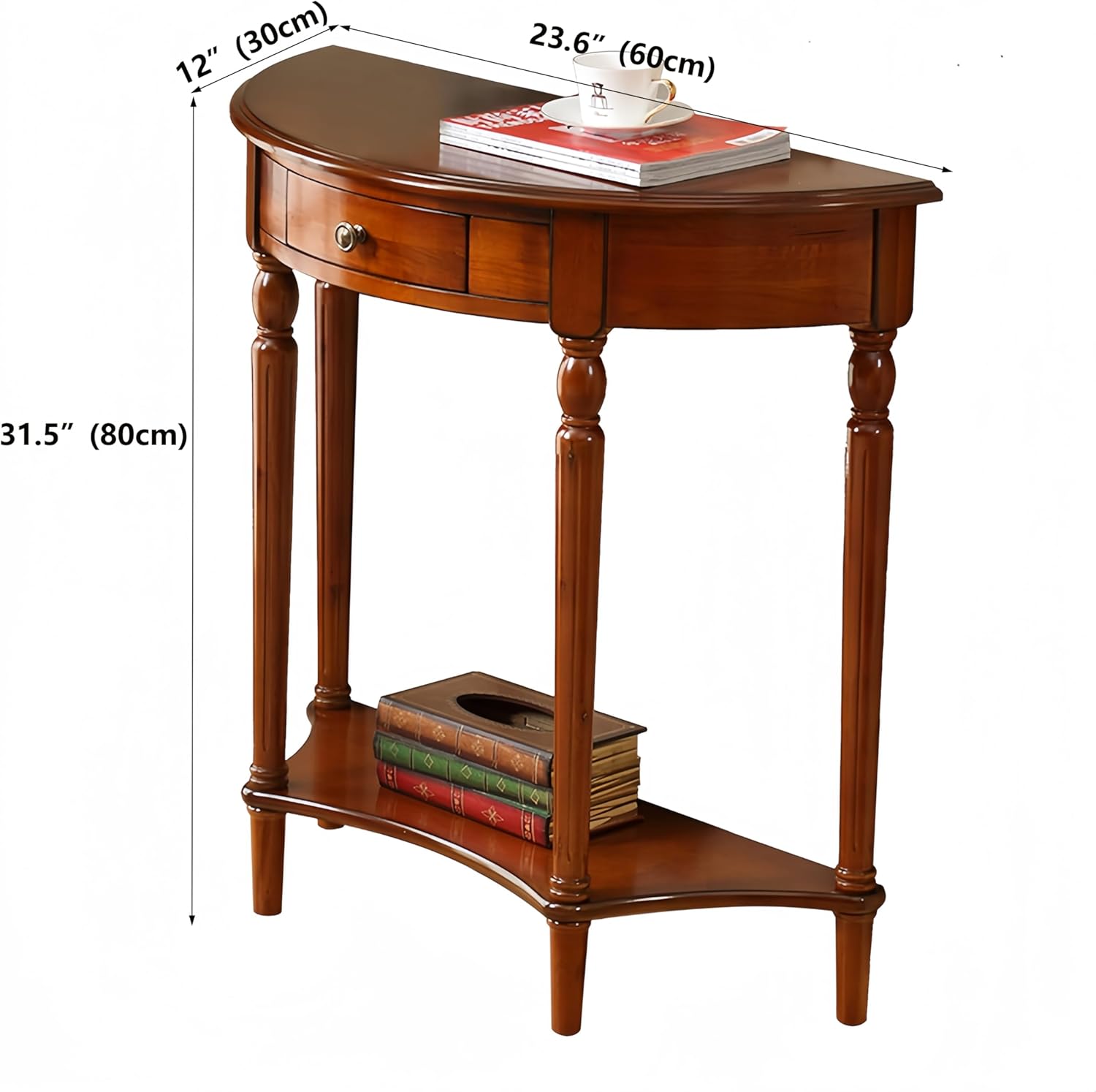 Solid Wood Console Table with Drawer, Semi-Circle Entryway Storage Shelf, Half-Moon Porch Table Side Elegant Vintage Sofa for Living Room (23.6" L x 11.8" W x 31.5" H)
