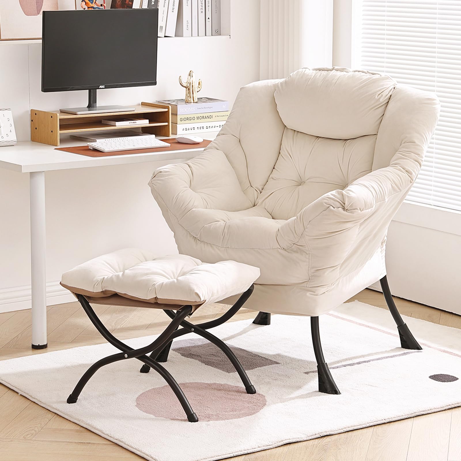 Furlide Lazy Chair with Ottoman, Modern Accent Chair with Armrests and a Side Pocket, Black Accent Chairs, Reading Chairs, Oversized Armchairs for Bedroom, Study, Living Room, Courtyard