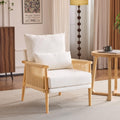 VINGLI Boho Braid Accent Armchair,Mid-Century Modern Chiar with Solid Wooden Armrest,Comfy Louge Cushion Chair with Waist Pillow for Bedroom,Living Room,Reading Room, Beige