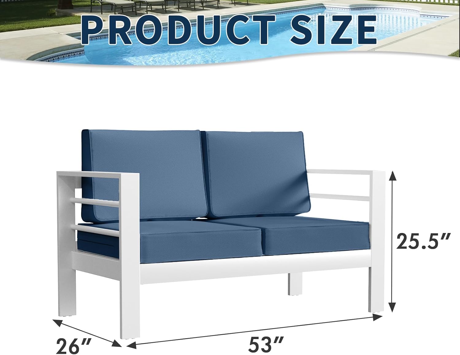 Amopatio Oversized Patio Furniture Aluminum Loveseat, All-Weather Outdoor 2 Seats Sofa Couch, Modern Metal Chair w/ 5 Inch Cushions, White&Blue (Include Waterproof Sofa Covers)
