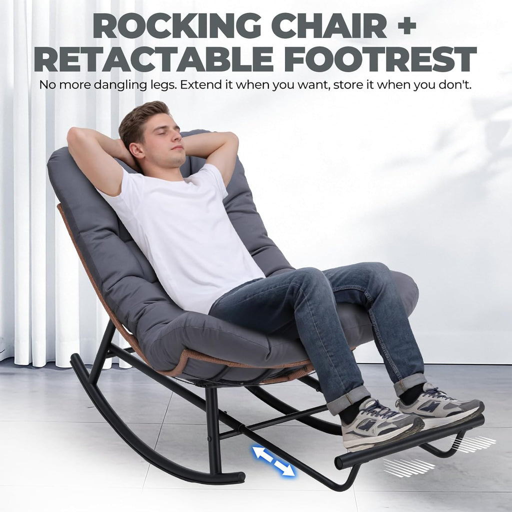 COMHOMA Outdoor Rocking Papasan Chair, Oversized Wicker Patio Rocker, Indoor Comfy Wicker Reading Lounge, Bed-Like Comfort Egg Chair for Bedroom,Balcony, Porch, Garden, Grey