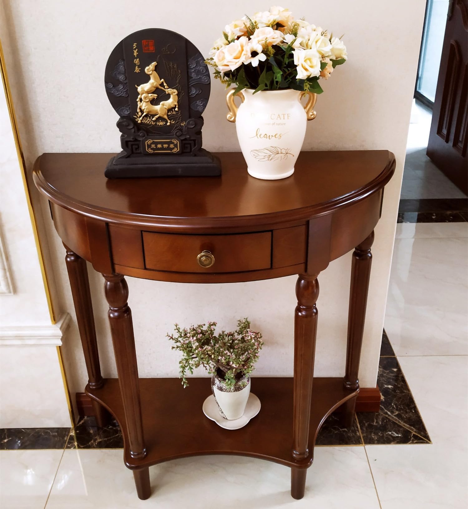 Solid Wood Console Table with Drawer, Semi-Circle Entryway Storage Shelf, Half-Moon Porch Table Side Elegant Vintage Sofa for Living Room (23.6" L x 11.8" W x 31.5" H)