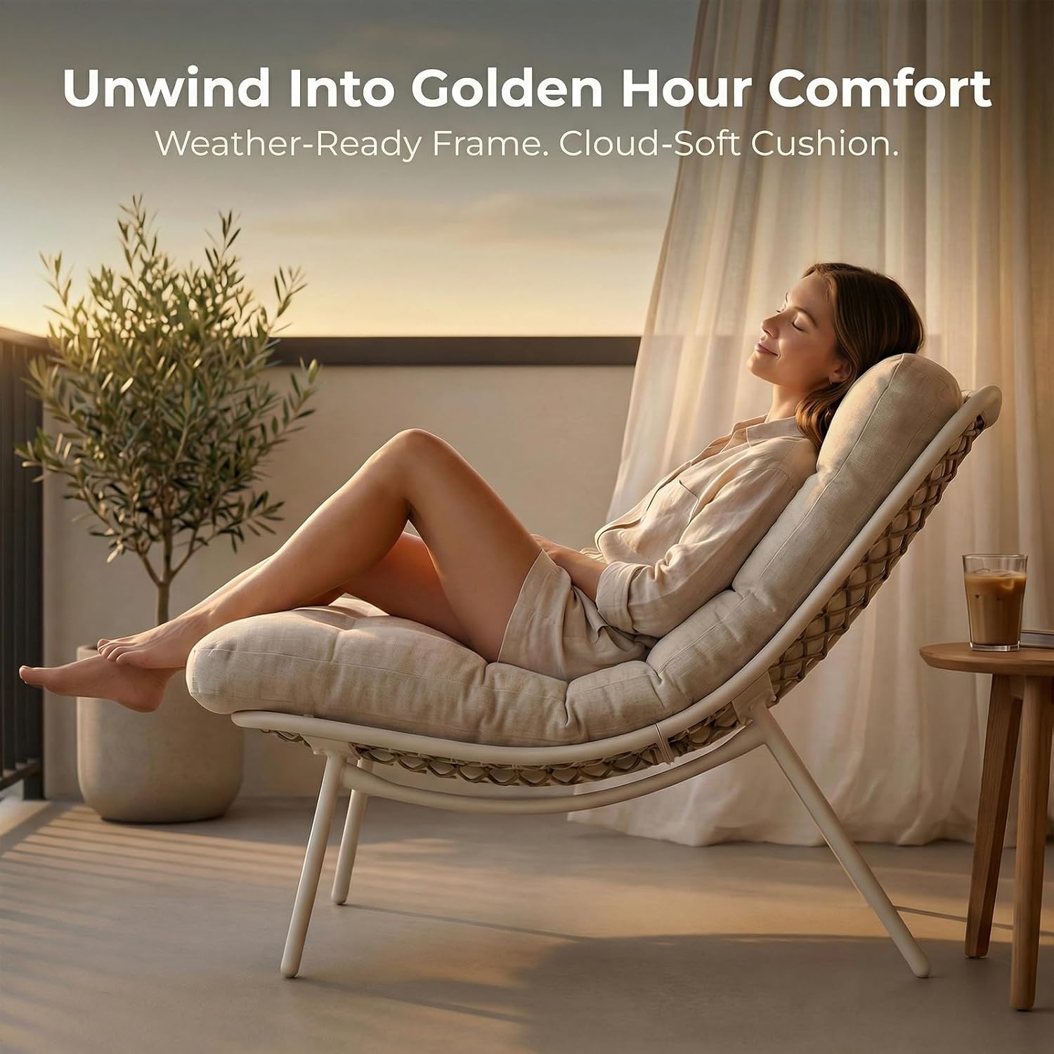 SWITTE Wicker Chaise Lounge Chair, Outdoor Papasan Recliner with Thick Cushion, Low Seat Patio Chair for Balcony, Backyard, Poolside - Cream