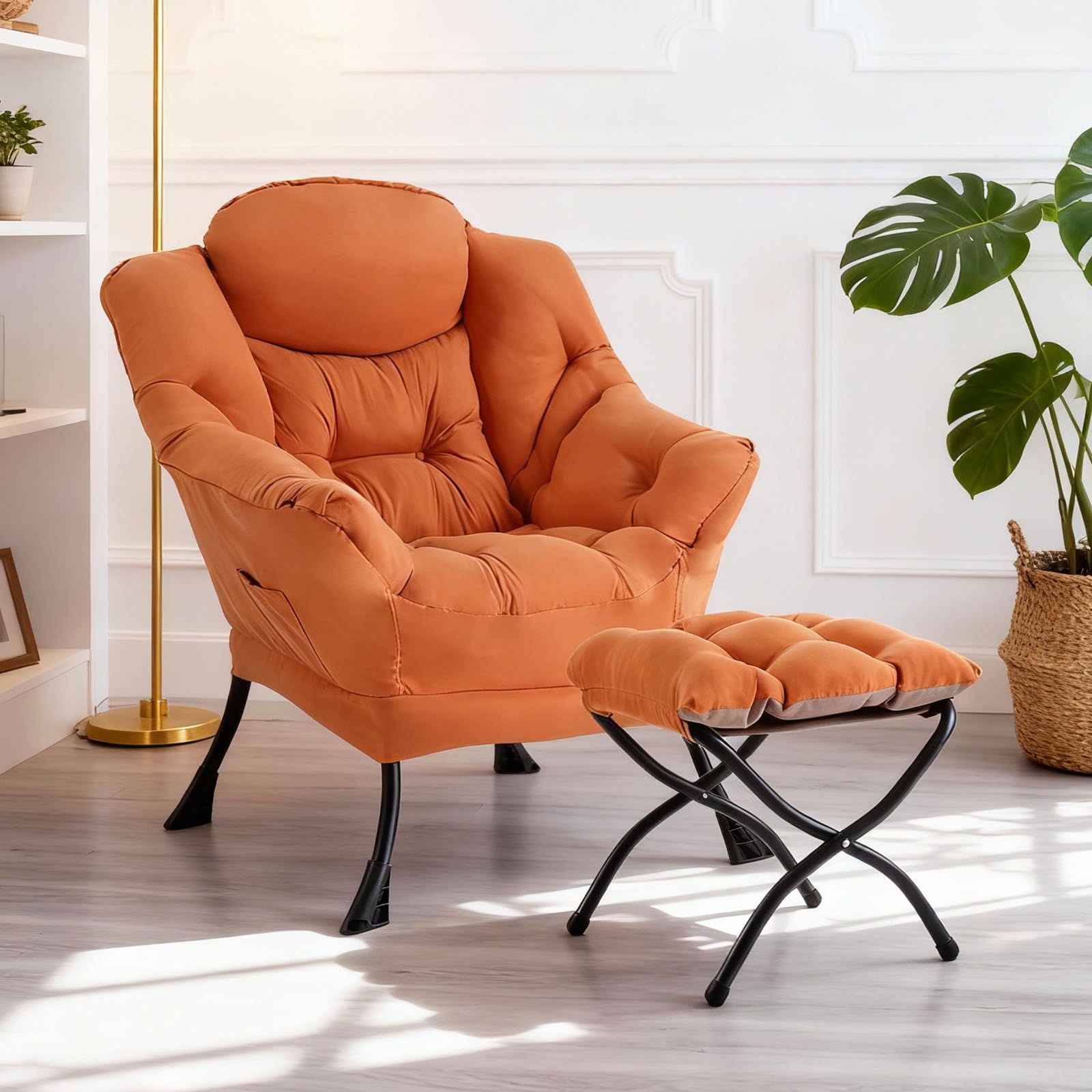 Furlide Lazy Chair with Ottoman, Modern Accent Chair with Armrests and a Side Pocket, Black Accent Chairs, Reading Chairs, Oversized Armchairs for Bedroom, Study, Living Room, Courtyard