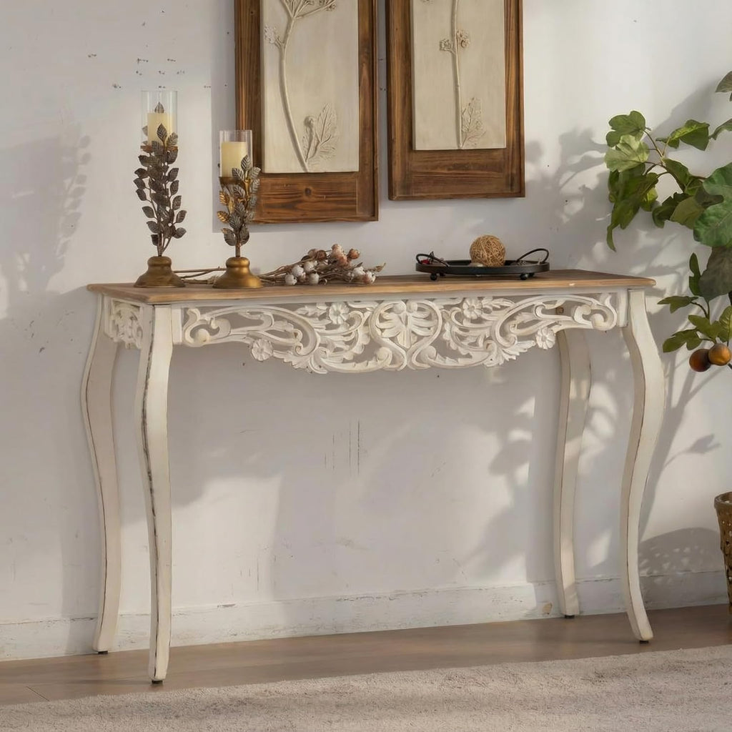 43.31” Vintage Antique Console Table, Weathered Wash Vintage French Country Entry Table with Wood Carvings for Hallway, Living Room, Victorian Style, Natural Wood