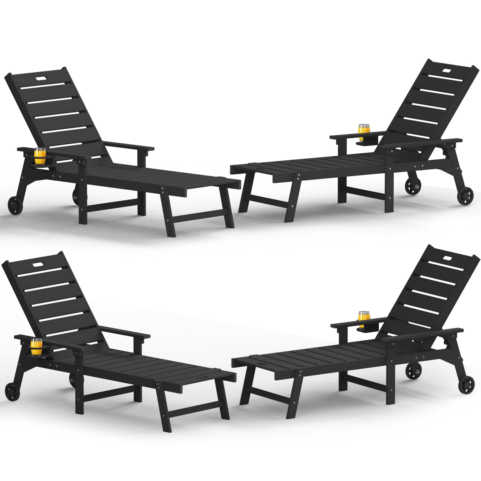 YEFU Lounge Chair Outdoor Set of 2: Outdoor Chaise Lounge with 5-Level Adjustable Backrest, Cup Holders & Wheels, All-Weather Resistance Chaise Lounge for Outside/Patio/Beach/Deck, Black