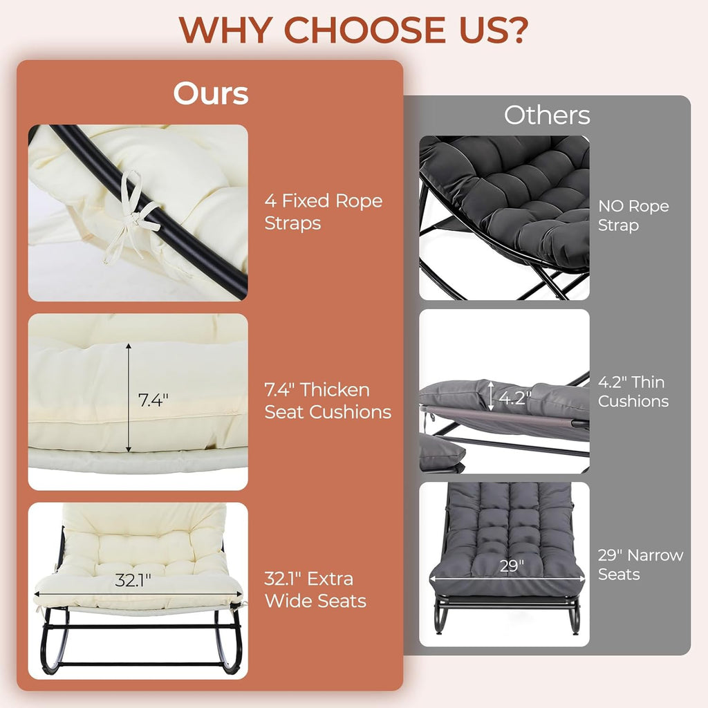 TLSUNNY Outdoor Papasan Rocking Chair, Lounge Chair with Cushion & Sturdy Metal Frame, Patio Rocker Chair for Balcony Backyard Porch Bedroom (1, Beige)