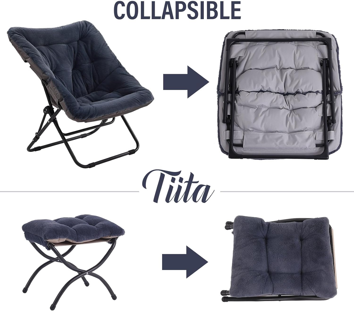 Tiita Folded Chair with Ottoman, Soft Faux Fur Oversized Folding Accent Chair,Lazy Chair, Metal Frame Moon Chair for Bedroom, Living Room, Dorm Rooms, Garden and Courtyard
