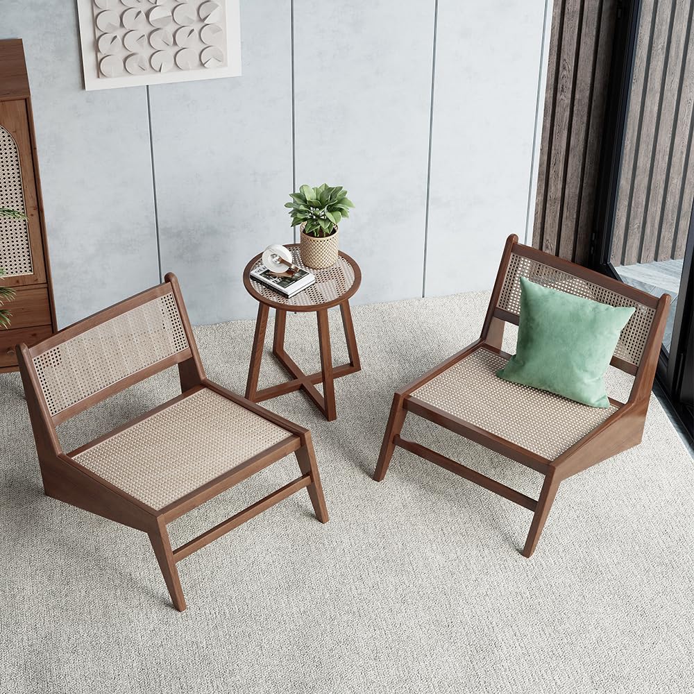 homary Mid Century Modern Chair Japandi Walnut Rattan and Wood Lounge Chairs Armless Accent Chair for Living Room Bedroom Balcony & Patio