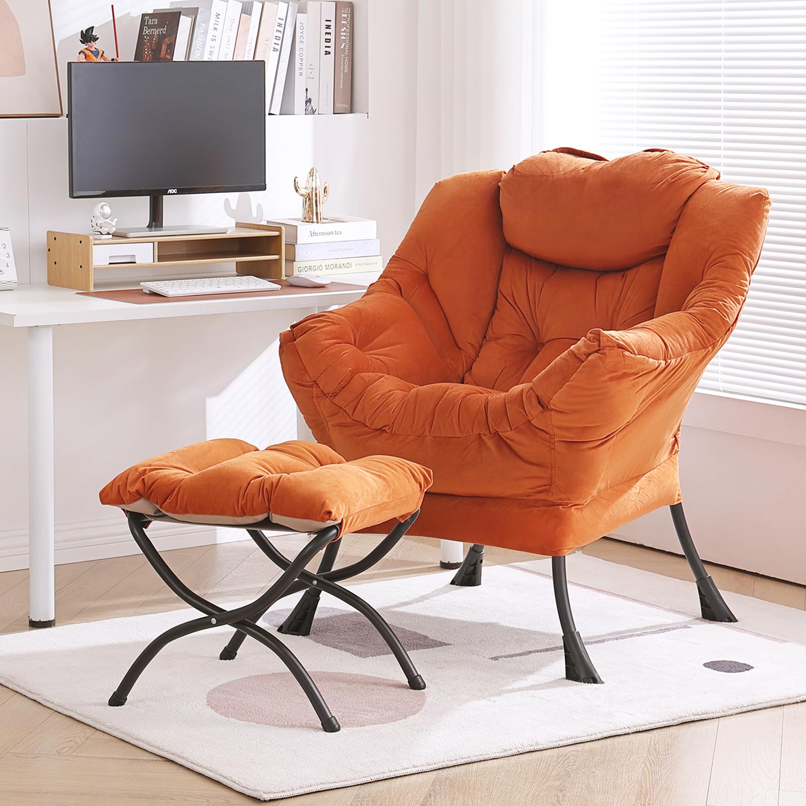 Furlide Lazy Chair with Ottoman, Modern Accent Chair with Armrests and a Side Pocket, Black Accent Chairs, Reading Chairs, Oversized Armchairs for Bedroom, Study, Living Room, Courtyard