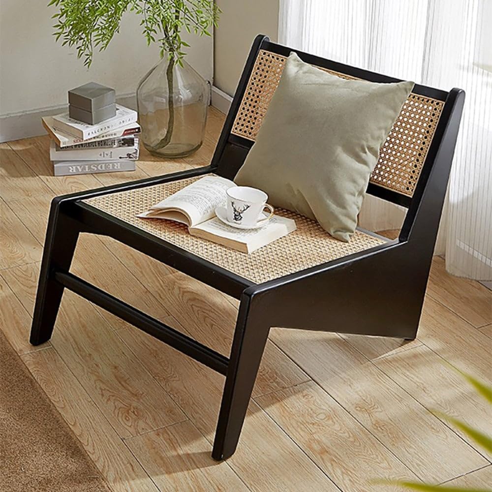 homary Mid Century Modern Chair Japandi Walnut Rattan and Wood Lounge Chairs Armless Accent Chair for Living Room Bedroom Balcony & Patio
