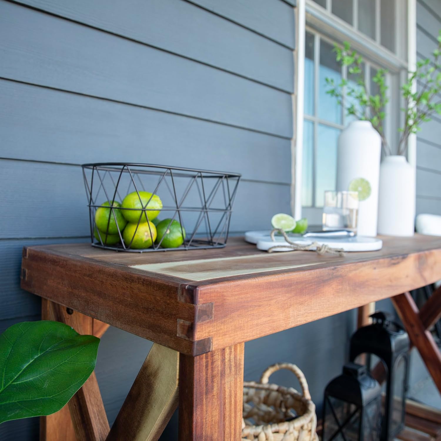 Backyard Discovery 48" Acacia Wood Farmhouse Narrow Console Table with Lower Slat Storage Shelf, Water-Resistant Design for Patio, Deck, Entryway, Living Room, Sofa Table, Indoor or Outdoor Use