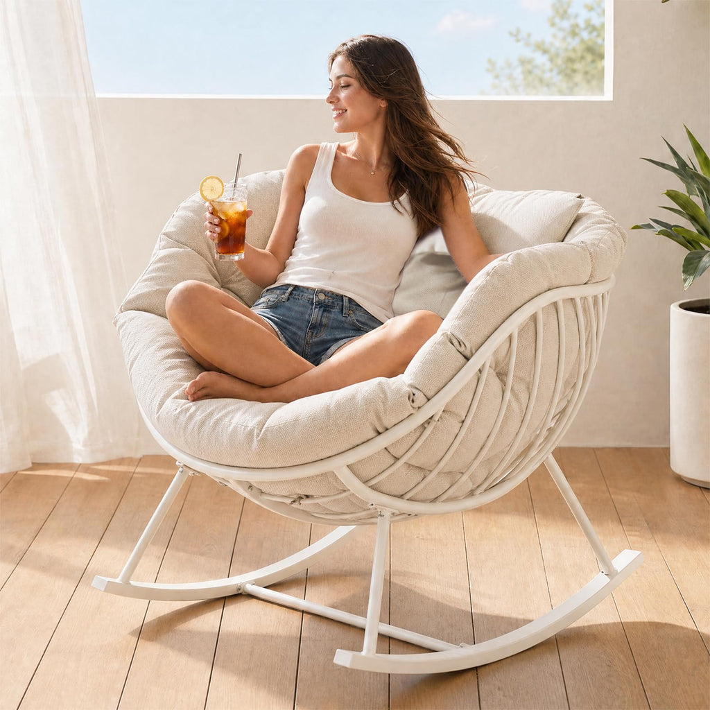 Oversized Outdoor Rocking Chair, Patio Papasan Egg Chair, Rocker Reading Lounge with Thick Cushion, Comfy Indoor Rocker Chair for Bedroom, Living Room, Porch, Poolside