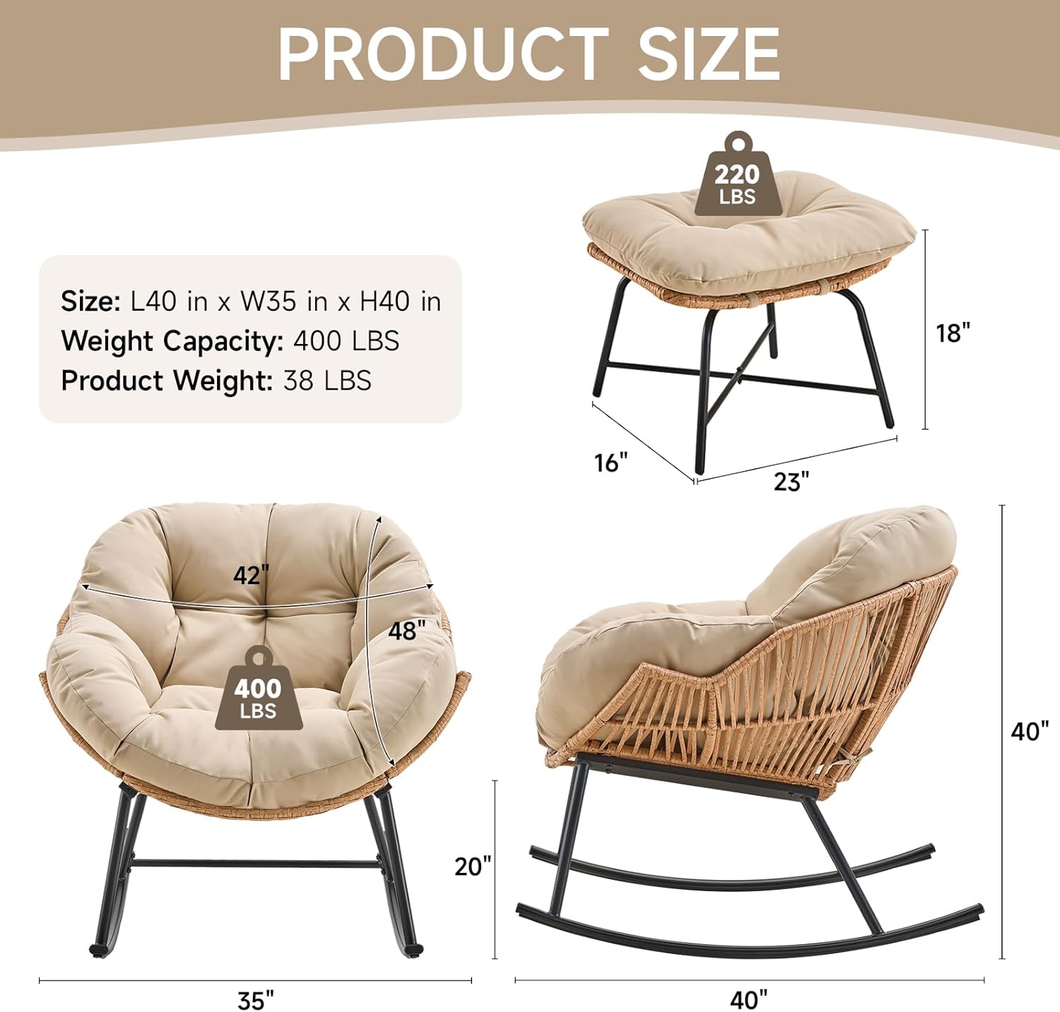 ONBRILL Papasan Rocking Chair with Ottoman,Oversized Papasan Chair with Padded Cushion, Indoor & Outdoor Rocker Chair for Living Room, Patio, Garden, Beige