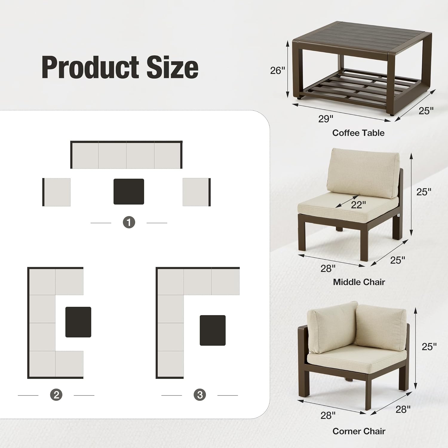 7 Pcs Luxury Aluminum Outdoor Corner Sofa Set with Coffee Table