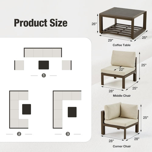 7 Pcs Luxury Aluminum Outdoor Corner Sofa Set with Coffee Table