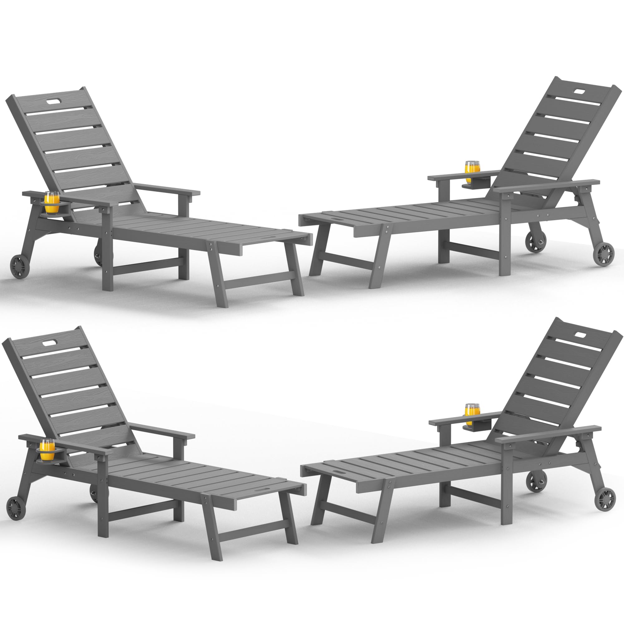 YEFU Lounge Chair Outdoor Set of 2: Outdoor Chaise Lounge with 5-Level Adjustable Backrest, Cup Holders & Wheels, All-Weather Resistance Chaise Lounge for Outside/Patio/Beach/Deck, Black