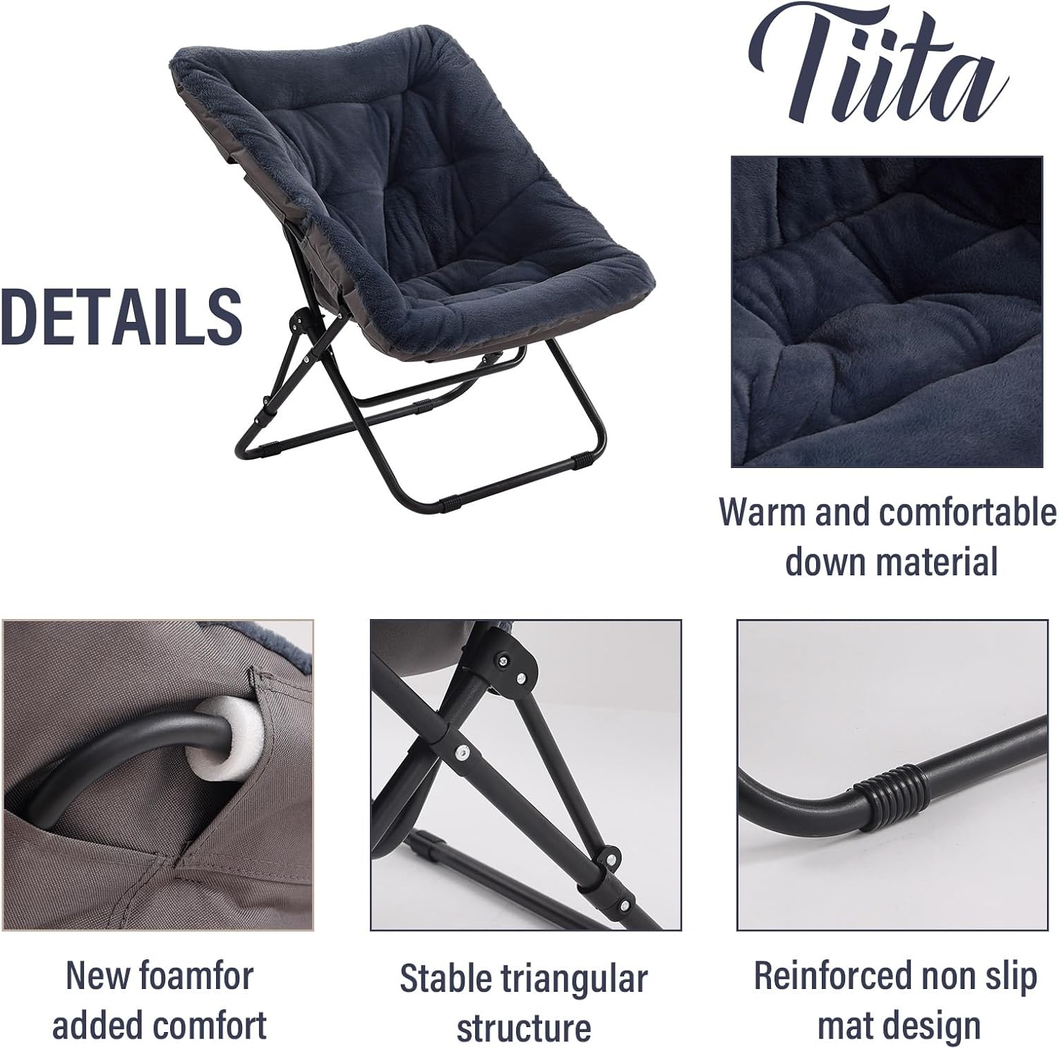 Tiita Folded Chair with Ottoman, Soft Faux Fur Oversized Folding Accent Chair,Lazy Chair, Metal Frame Moon Chair for Bedroom, Living Room, Dorm Rooms, Garden and Courtyard