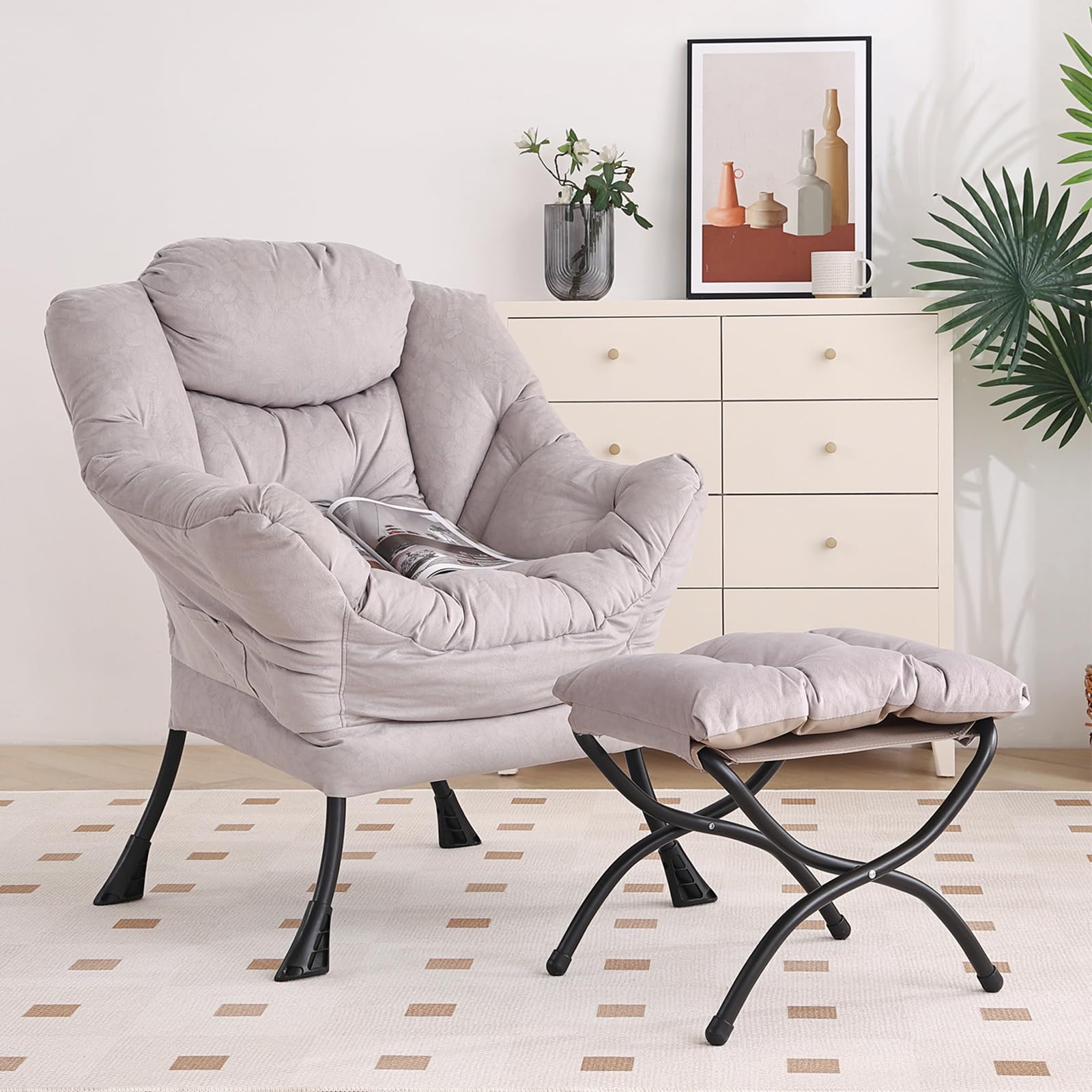 Furlide Lazy Chair with Ottoman, Modern Accent Chair with Armrests and a Side Pocket, Black Accent Chairs, Reading Chairs, Oversized Armchairs for Bedroom, Study, Living Room, Courtyard