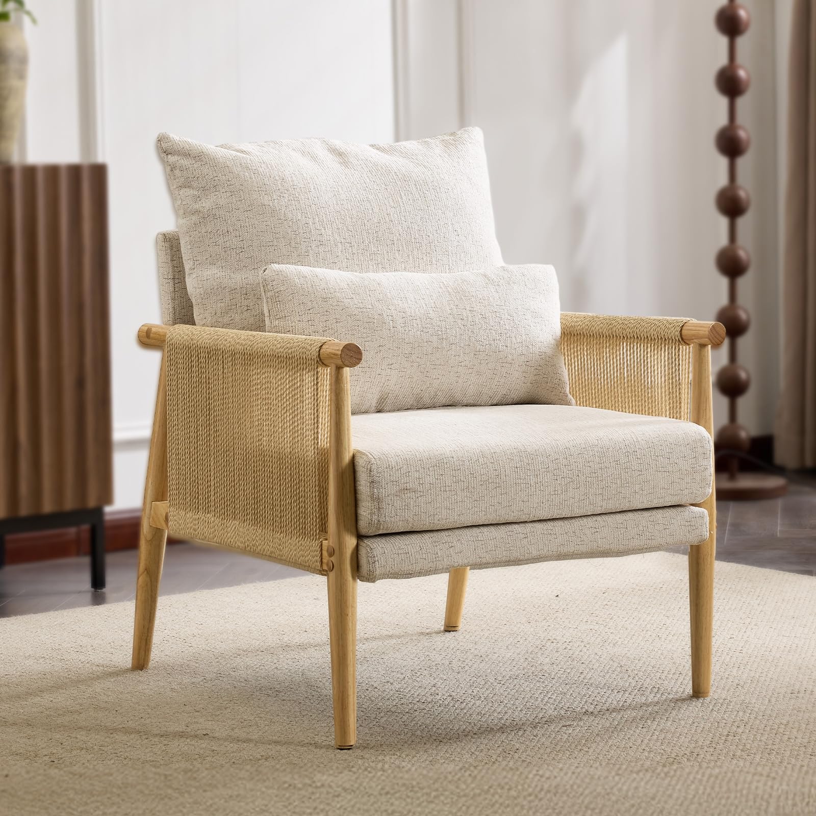 VINGLI Boho Braid Accent Armchair,Mid-Century Modern Chiar with Solid Wooden Armrest,Comfy Louge Cushion Chair with Waist Pillow for Bedroom,Living Room,Reading Room, Beige