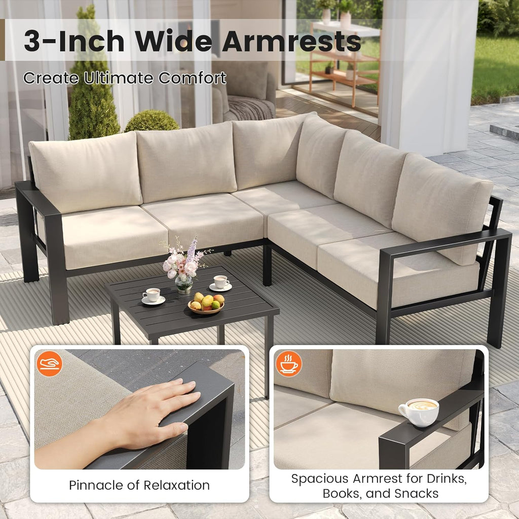 UDPATIO 6 Piece Patio Furniture Set, Metal Outdoor Sectional Sofa with 6" Thick Olefin Cushions, Wide Armrest & Coffee Table, L Shaped Outdoor Furniture for Garden, Backyard Beige