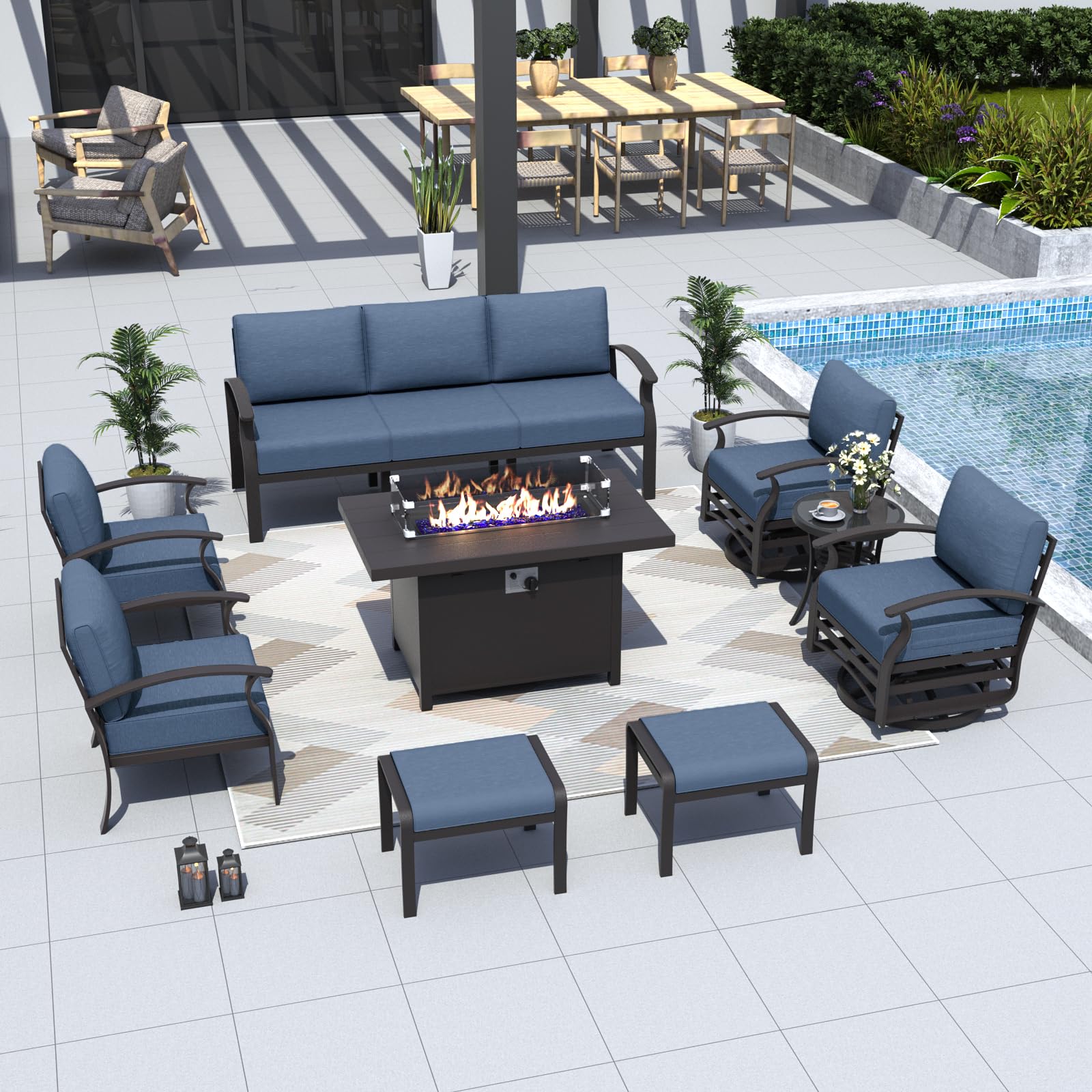 ALAULM Aluminum 3-Seat Patio Furniture Set, Metal Outdoor Furniture Sectional Sofas w/5.1" Cushions for Patio, Backyard, Poolside-DarkBlue