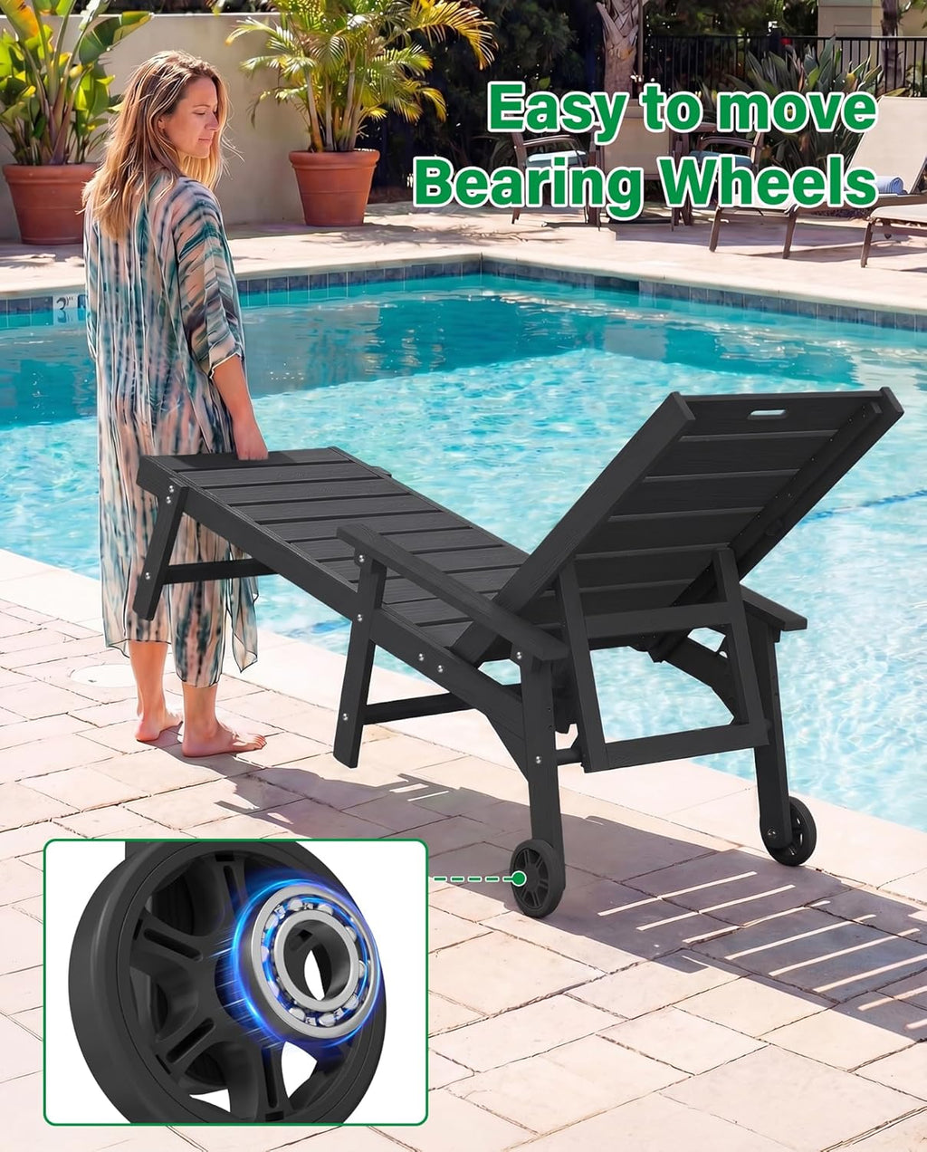 YEFU Lounge Chair Outdoor Set of 2: Outdoor Chaise Lounge with 5-Level Adjustable Backrest, Cup Holders & Wheels, All-Weather Resistance Chaise Lounge for Outside/Patio/Beach/Deck, Black