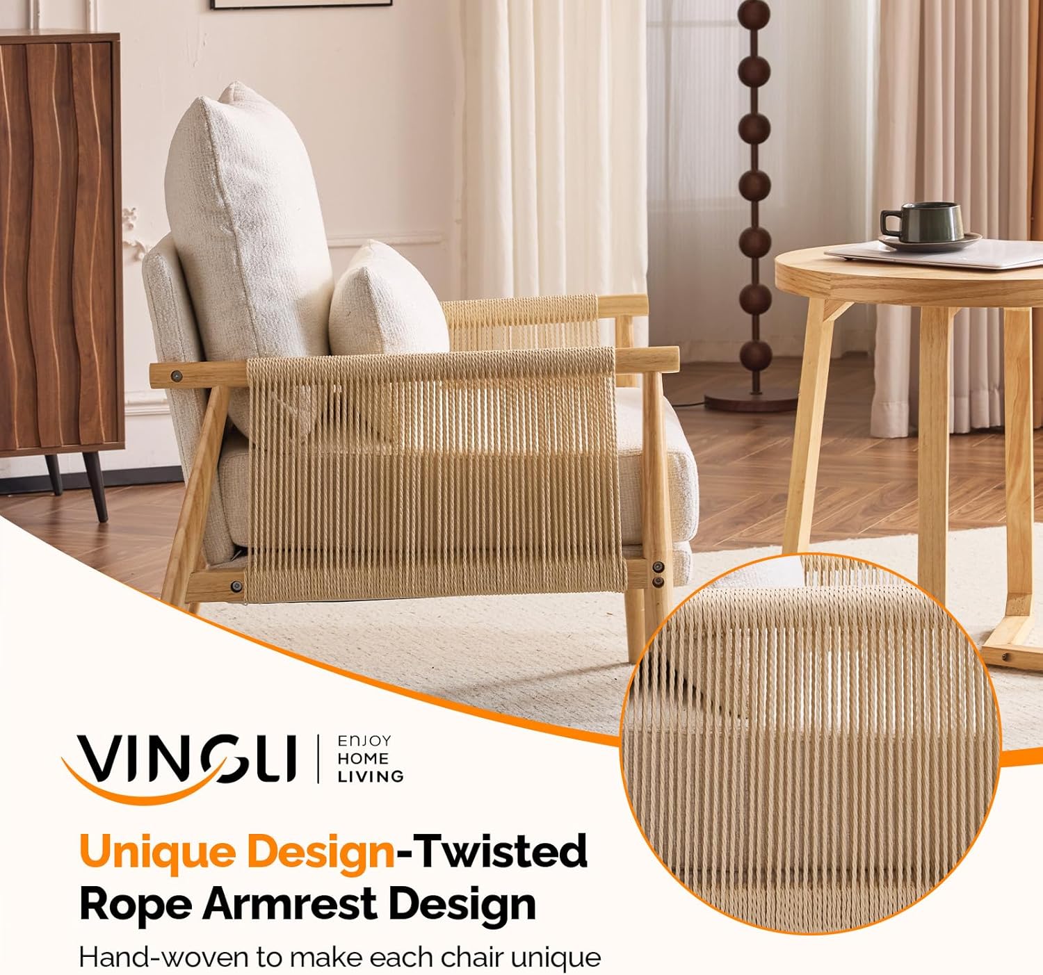 VINGLI Boho Braid Accent Armchair,Mid-Century Modern Chiar with Solid Wooden Armrest,Comfy Louge Cushion Chair with Waist Pillow for Bedroom,Living Room,Reading Room, Beige
