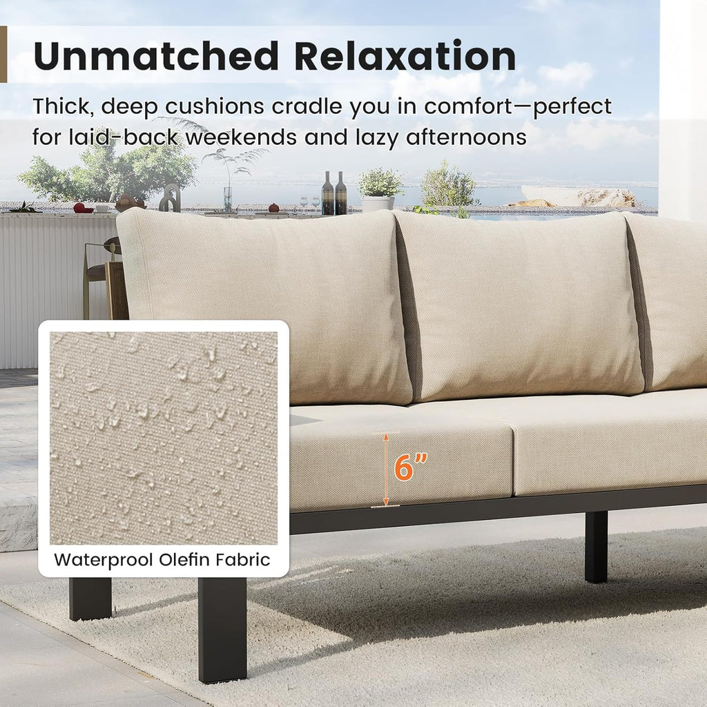 UDPATIO 6 Piece Patio Furniture Set, Metal Outdoor Sectional Sofa with 6" Thick Olefin Cushions, Wide Armrest & Coffee Table, L Shaped Outdoor Furniture for Garden, Backyard Beige