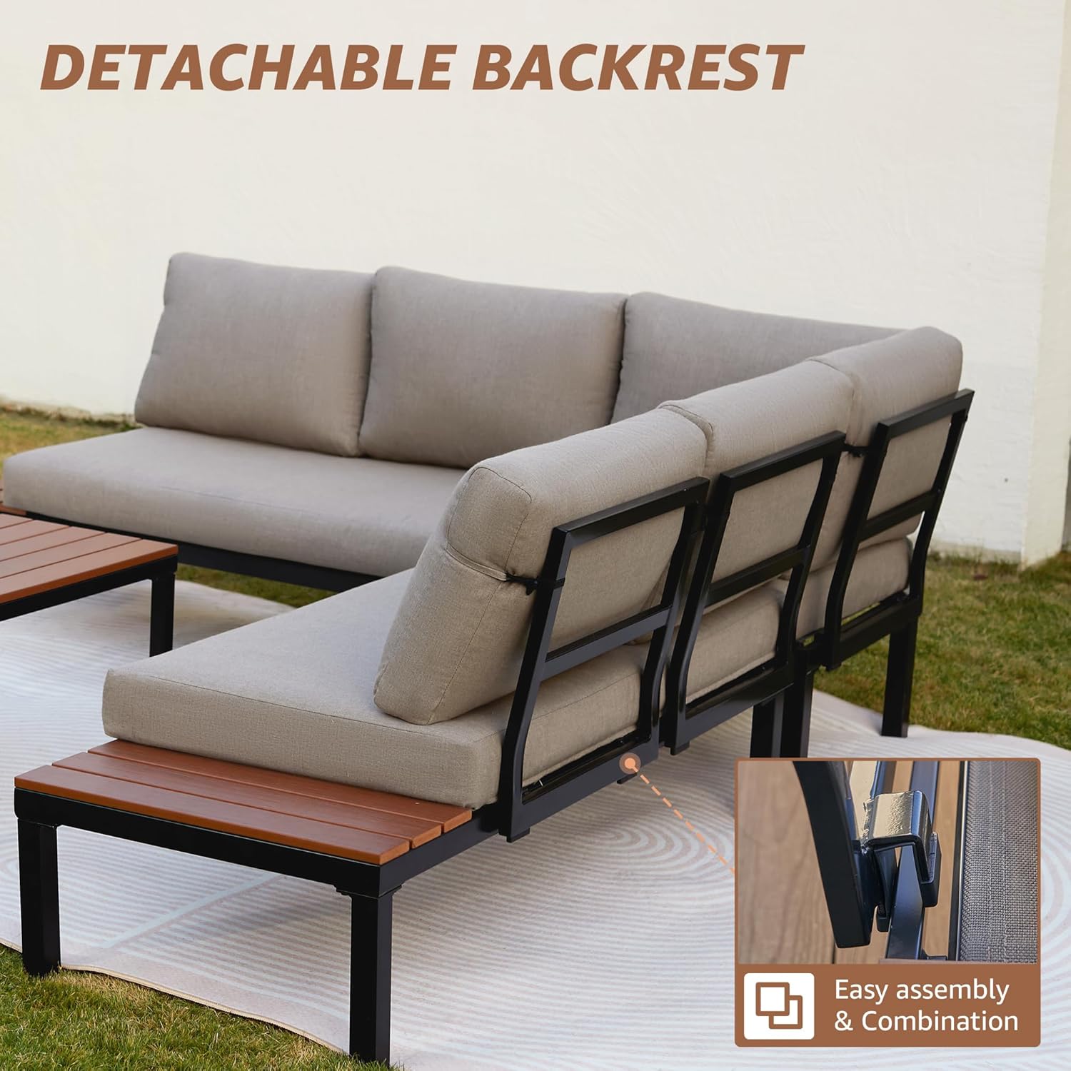 NATURAL EXPRESSIONS Patio Furniture Sets, Metal Outdoor Sectional L Shape Corner Sofa Outdoor Couch with Detachable Backrest,3 Fauxwood Tables,Black Frame,Shale Olefin Cushions for Yard,Garden